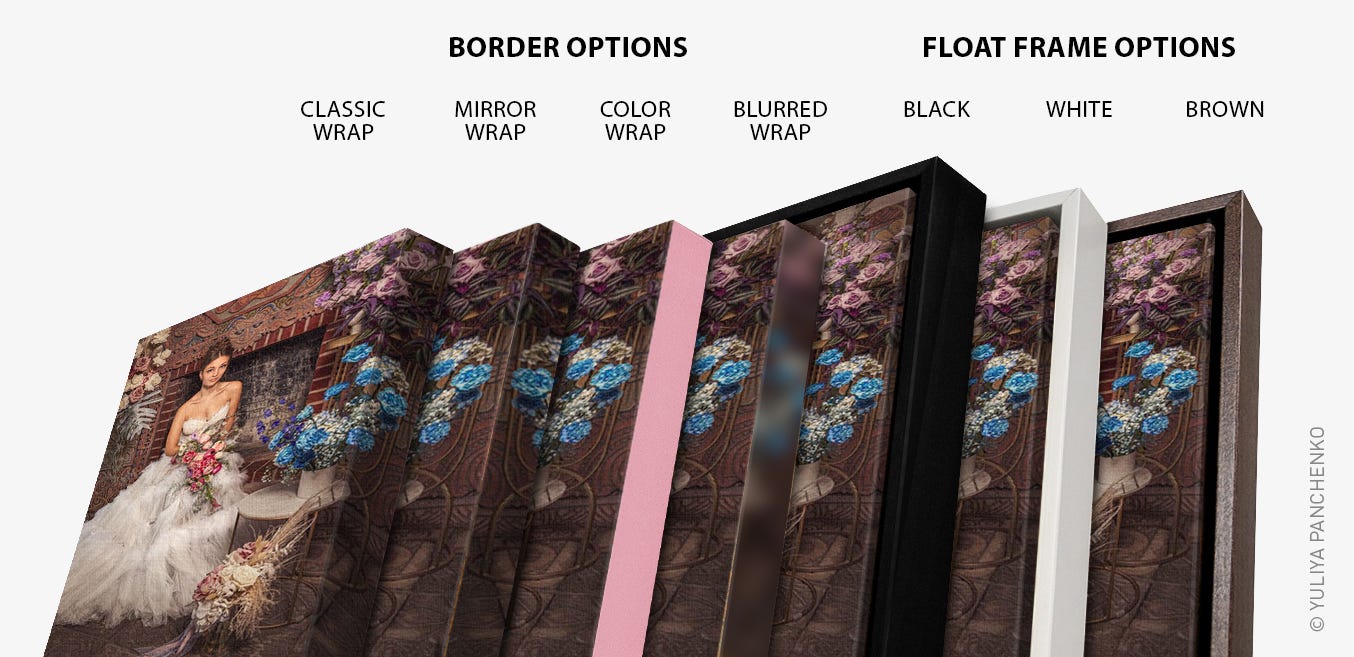 Canvas Gallery Wrap is available with your choice of four border styles- classic wrap, mirror wrap, color wrap, and blurred wrap.